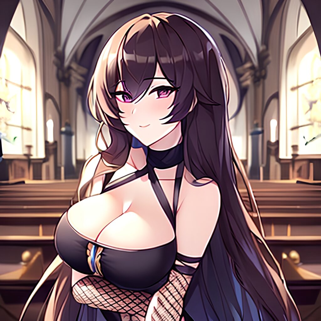 church fishnet long hair brunette woman messy hair