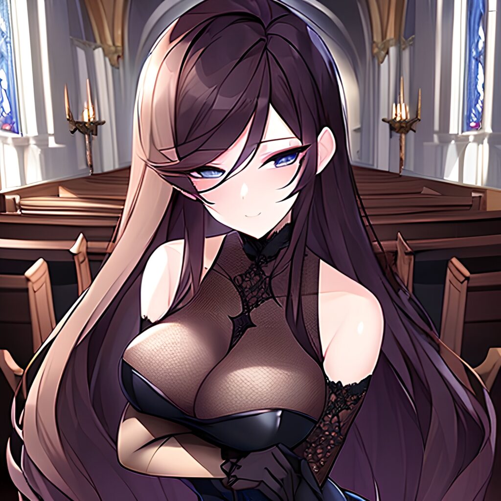 church fishnet long hair brunette woman messy hair 