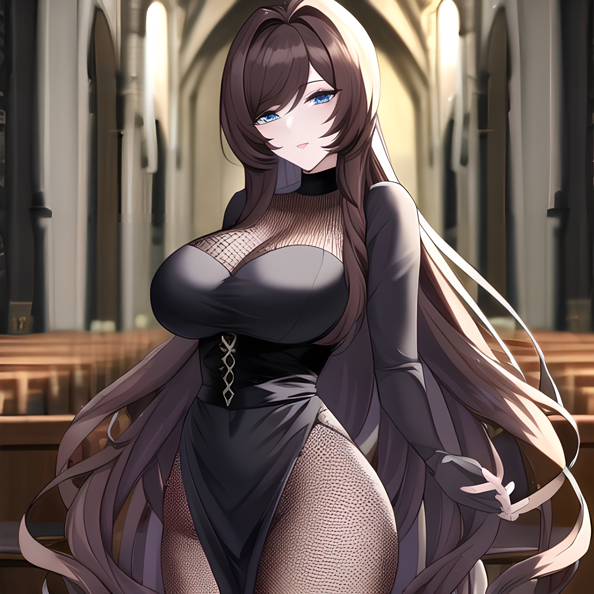 church fishnet long hair woman brunette messy hair 