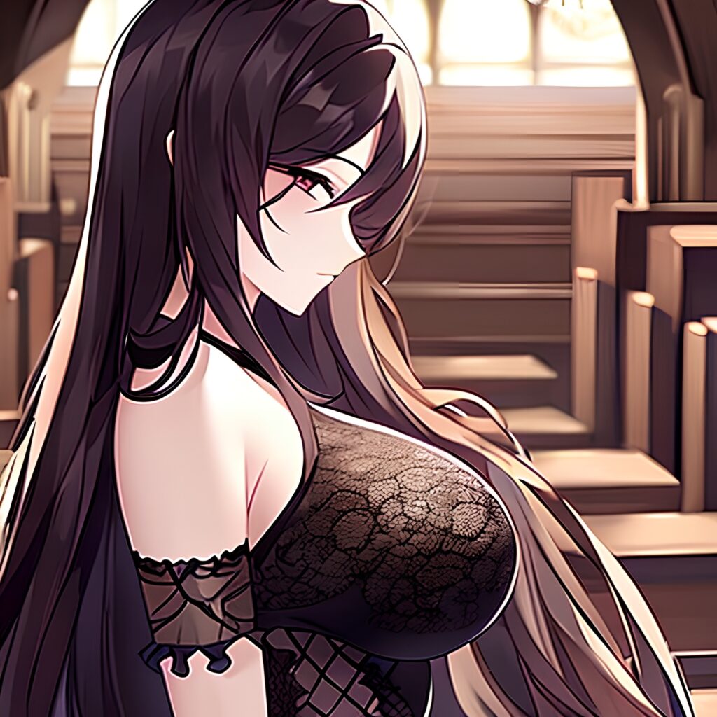 church fishnet long hair woman brunette messy hair 