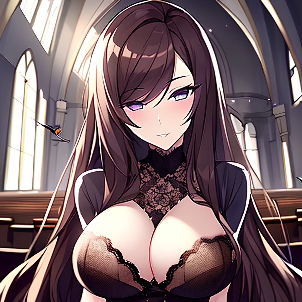 church fishnet long hair woman brunette messy hair