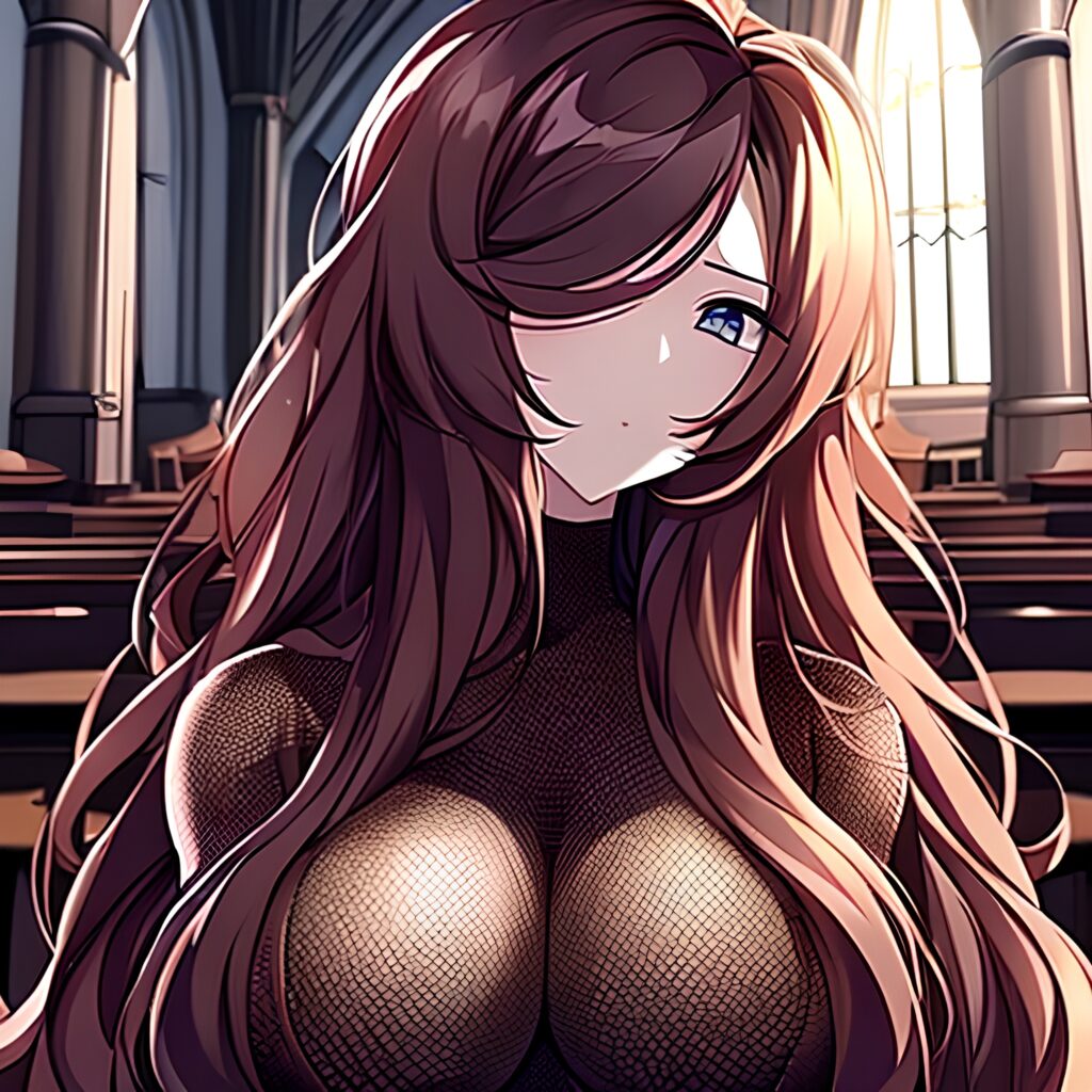 church fishnet long hair woman brunette messy hair 