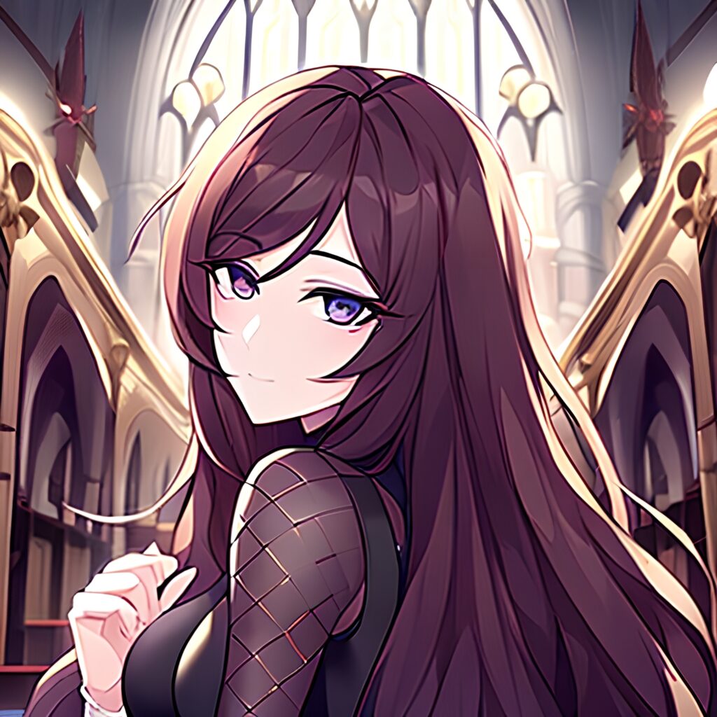 church fishnet long hair woman brunette messy hair 
