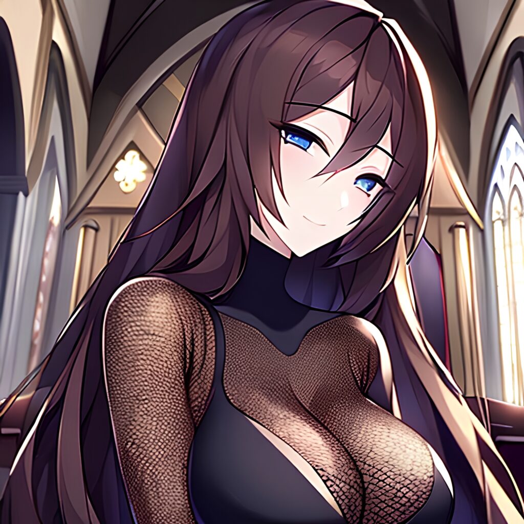 church fishnet long hair woman brunette messy hair 