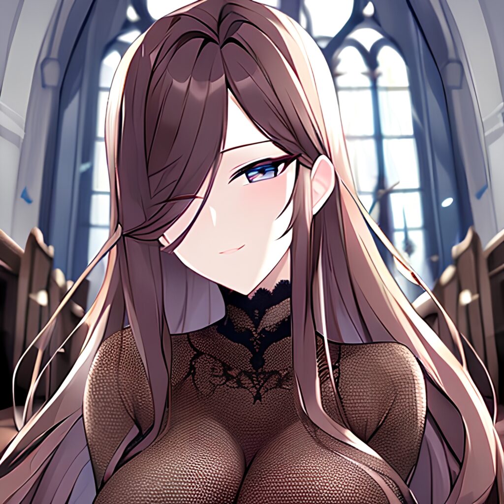 church fishnet messy hair long hair brunette woman 
