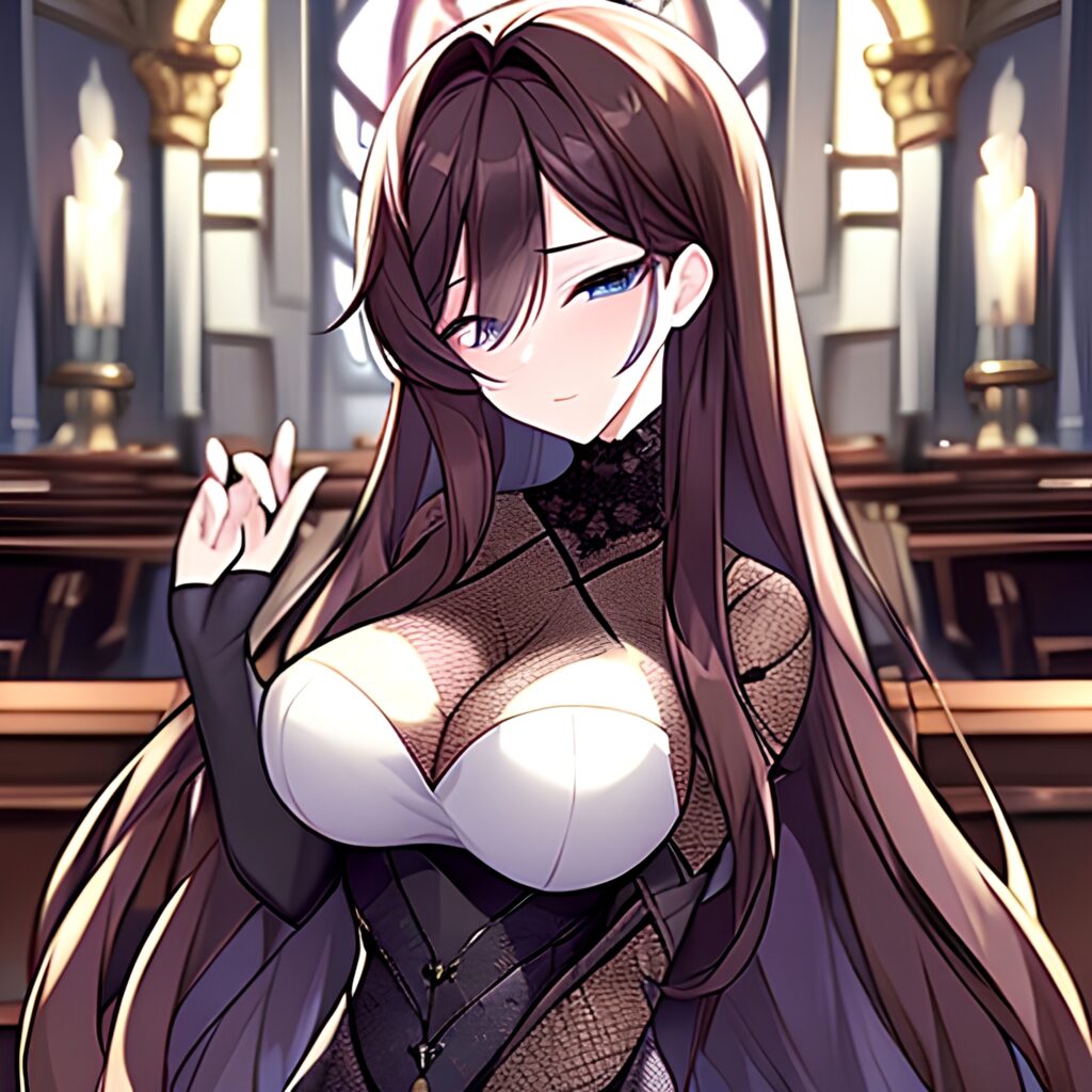 church fishnet messy hair long hair brunette woman 