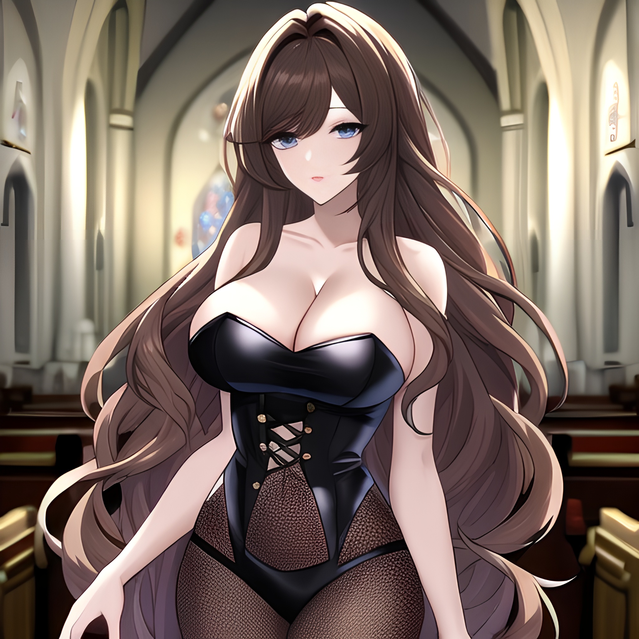 church fishnet messy hair long hair woman brunette 