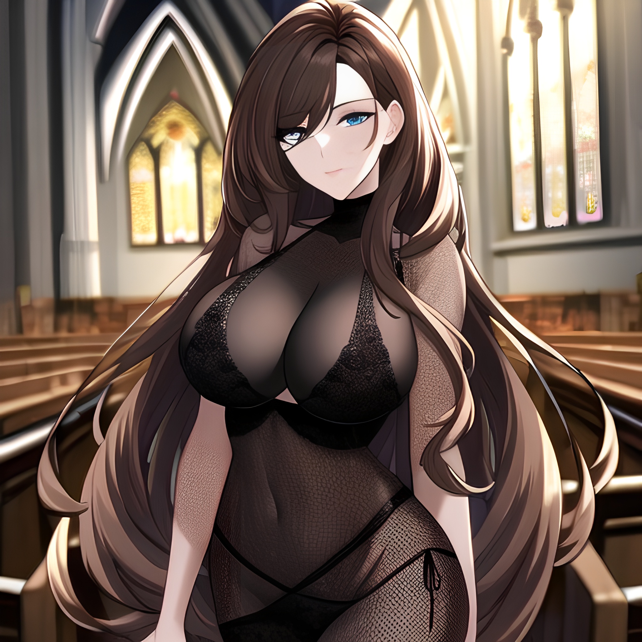 church fishnet messy hair woman brunette long hair 