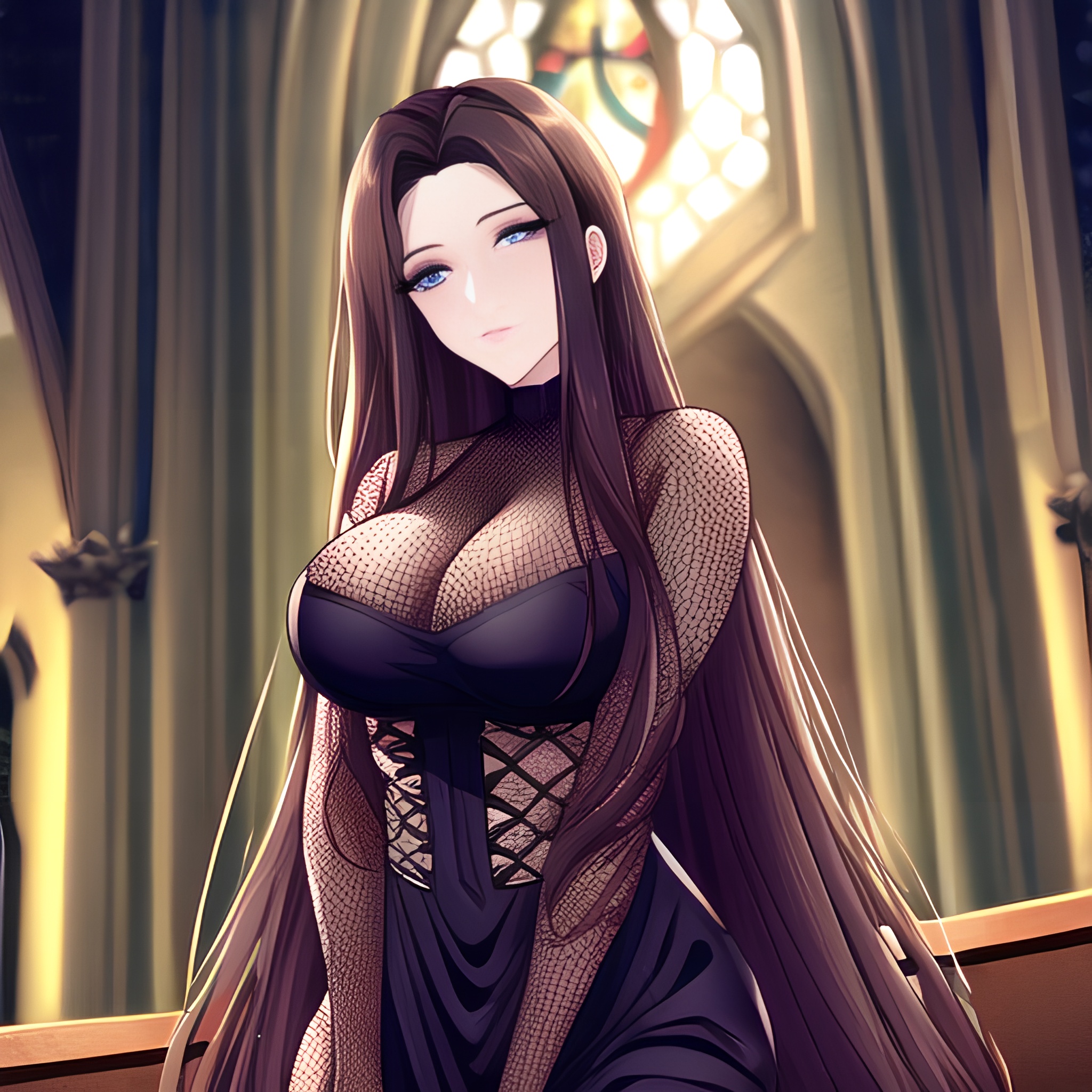 church fishnet woman brunette long hair messy hair