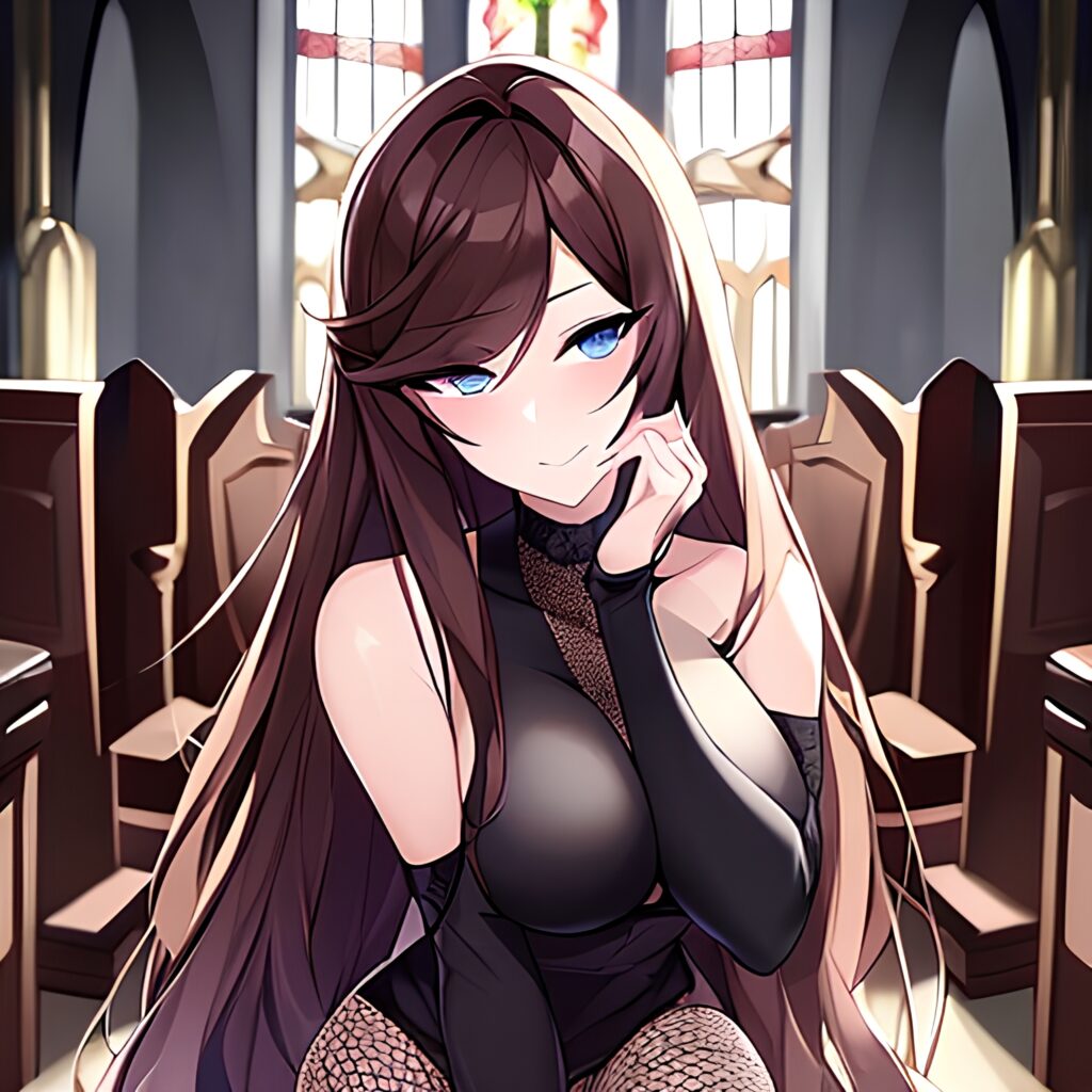 church fishnet woman brunette messy hair long hair 