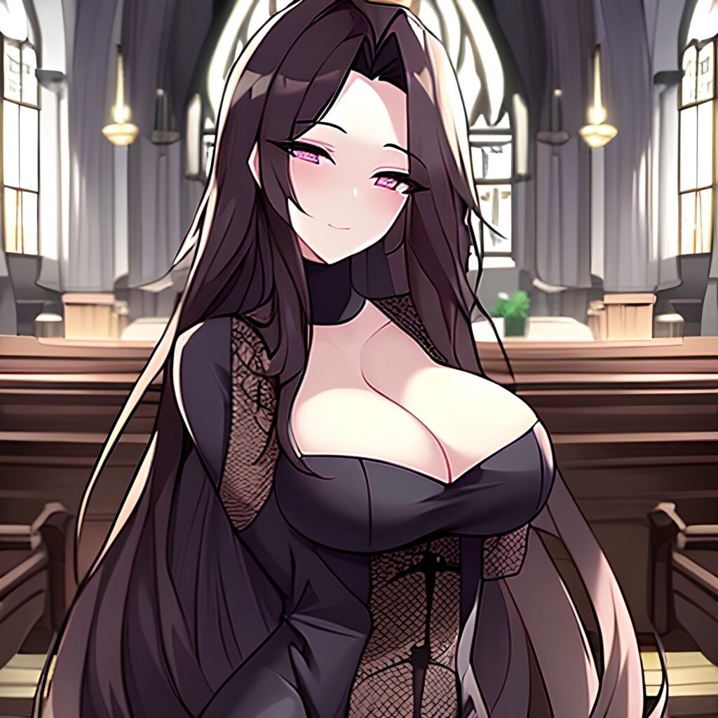 church fishnet woman long hair brunette messy hair