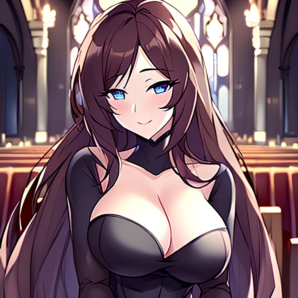 church fishnet woman long hair brunette messy hair 