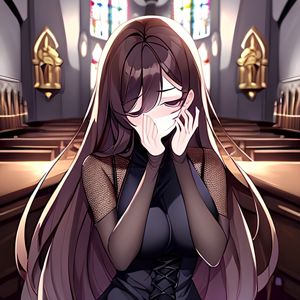 church fishnet woman long hair brunette messy hair