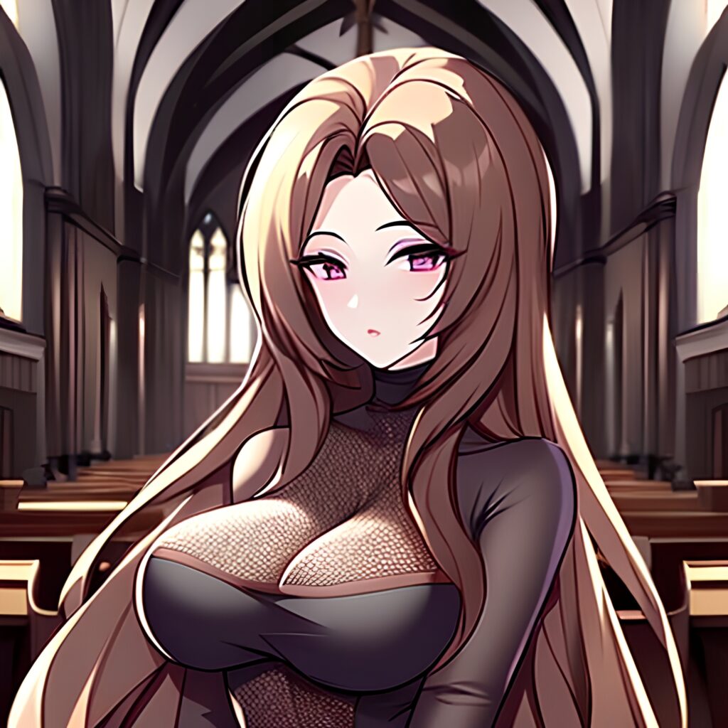 church fishnet woman long hair brunette messy hair