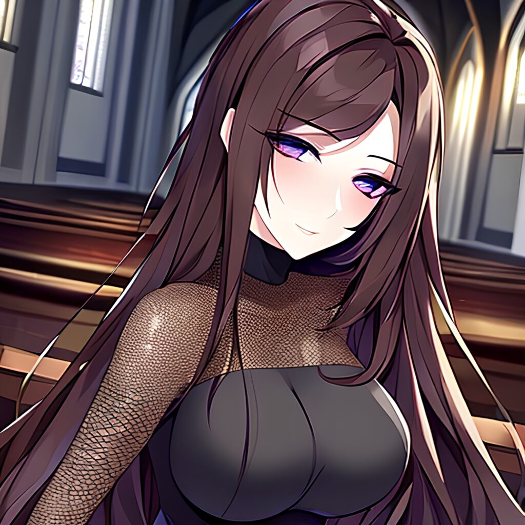 church fishnet woman long hair brunette messy hair 