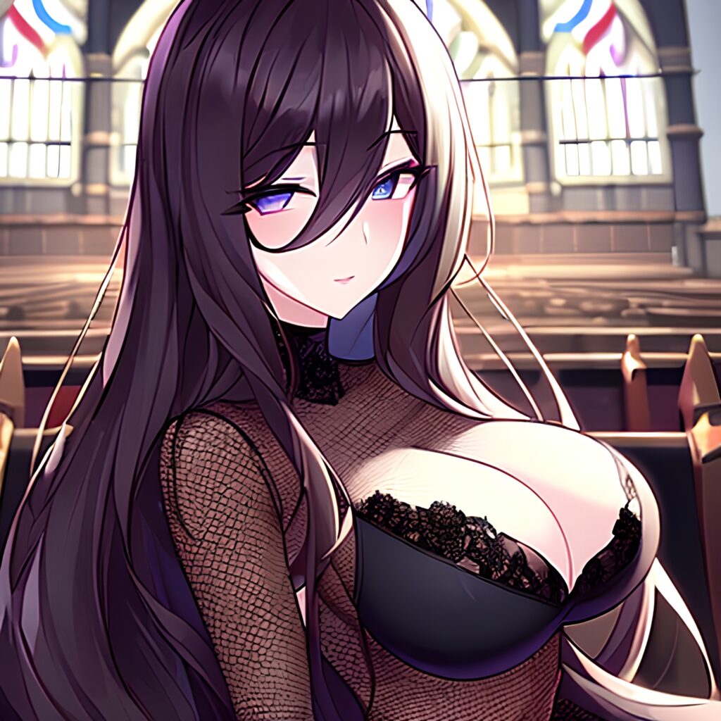 church fishnet woman long hair brunette messy hair 