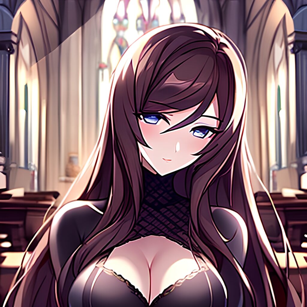 church fishnet woman long hair brunette messy hair