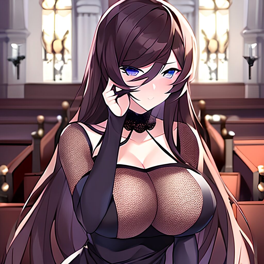 church fishnet woman long hair brunette messy hair 