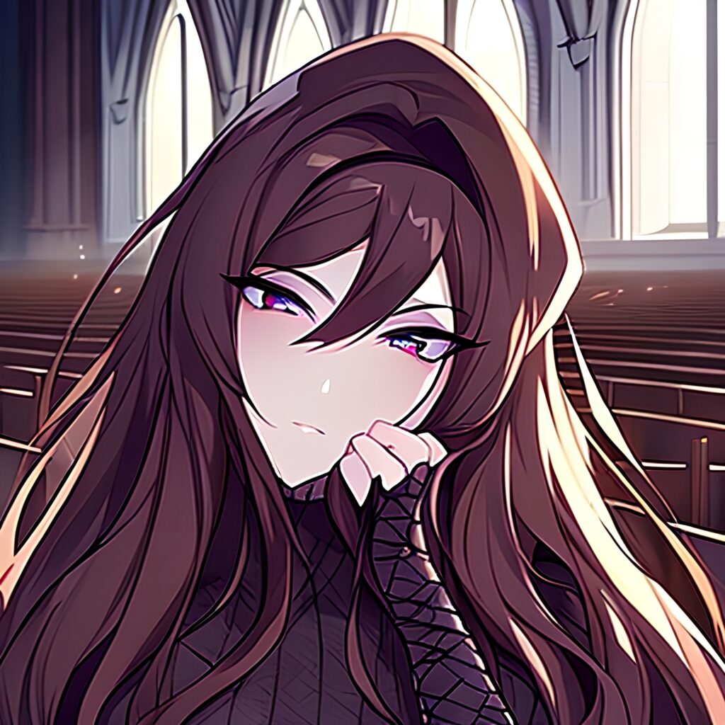 church fishnet woman long hair brunette messy hair 