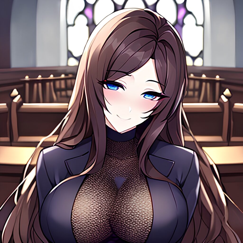 church fishnet woman long hair brunette messy hair 