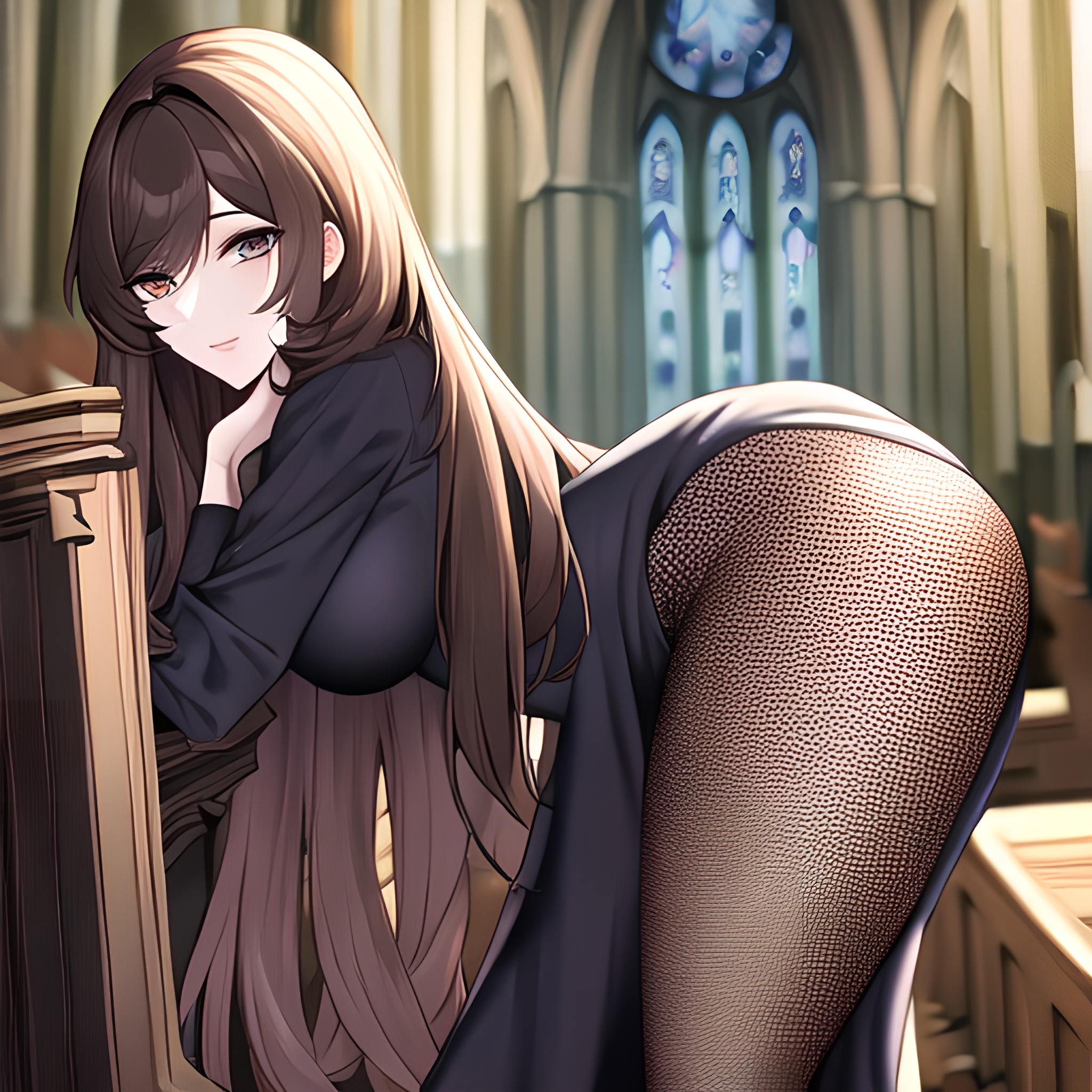 church fishnet woman long hair messy hair brunette