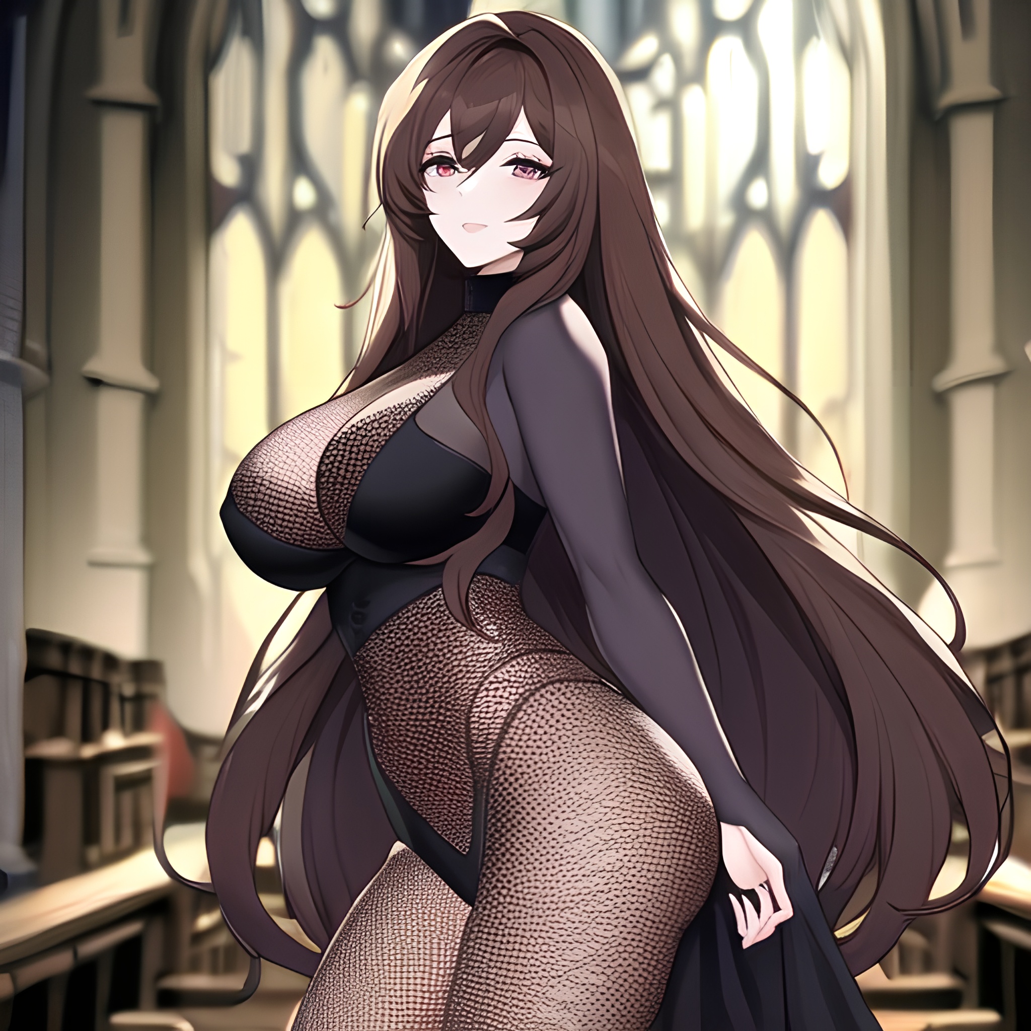 church fishnet woman long hair messy hair brunette
