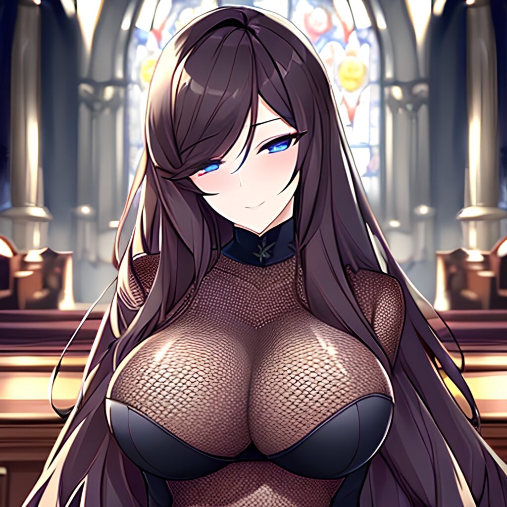 church fishnet woman long hair messy hair brunette 