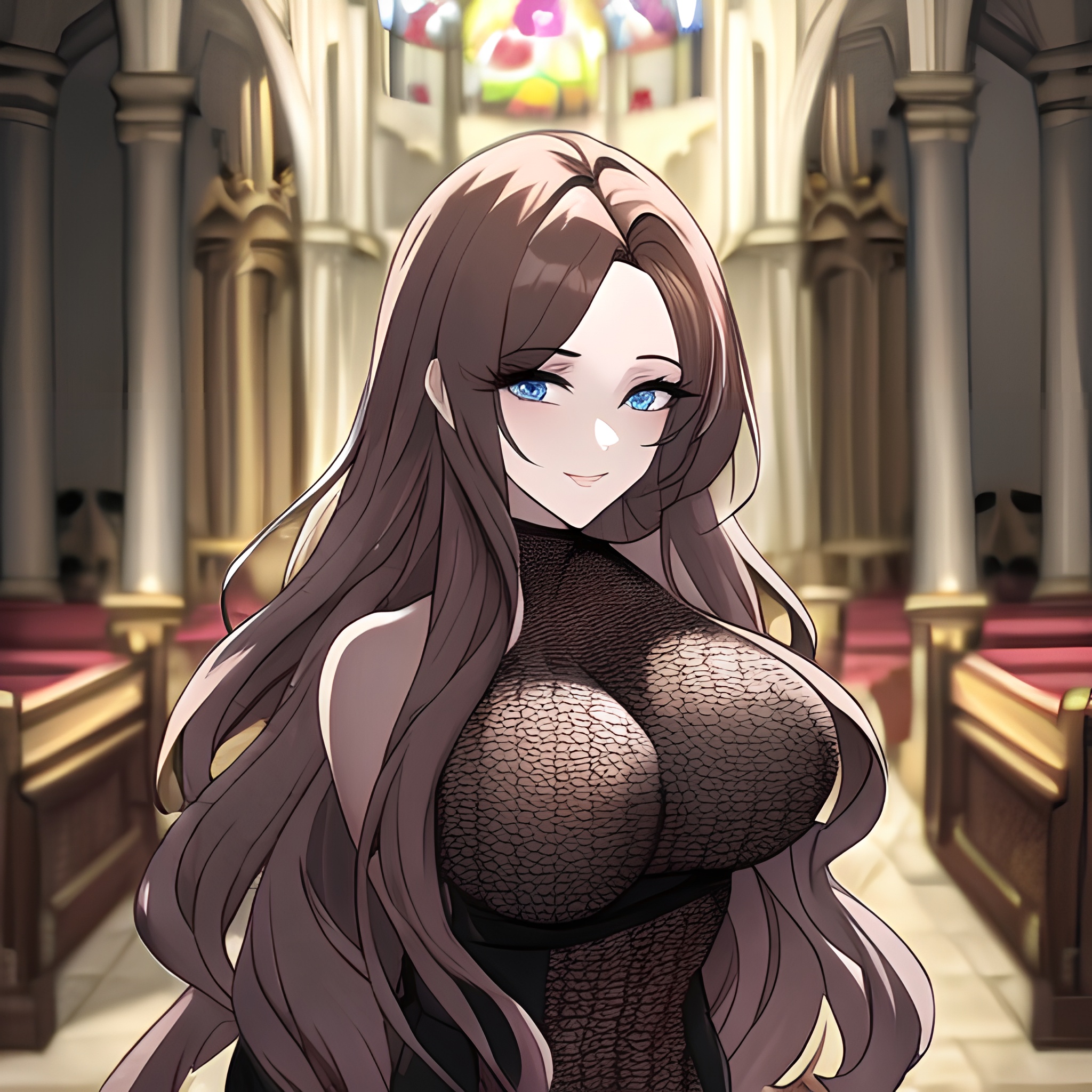 church fishnet woman messy hair brunette long hair