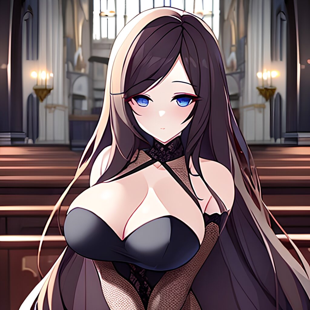church fishnet woman messy hair brunette long hair