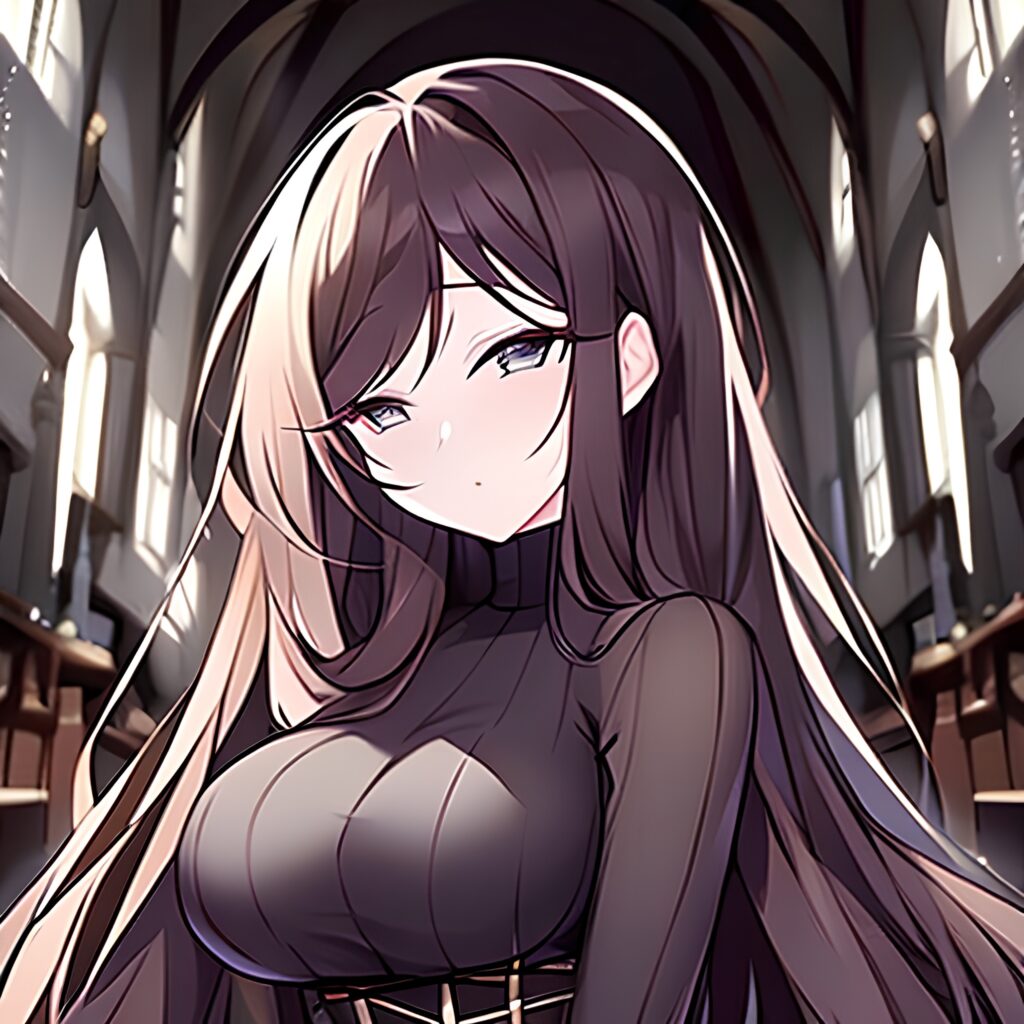 church fishnet woman messy hair long hair brunette 