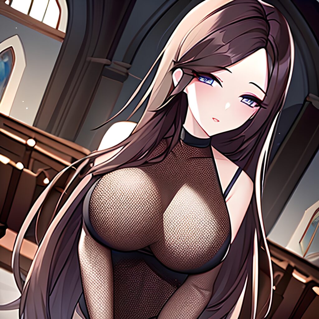 church fishnet woman messy hair long hair brunette 