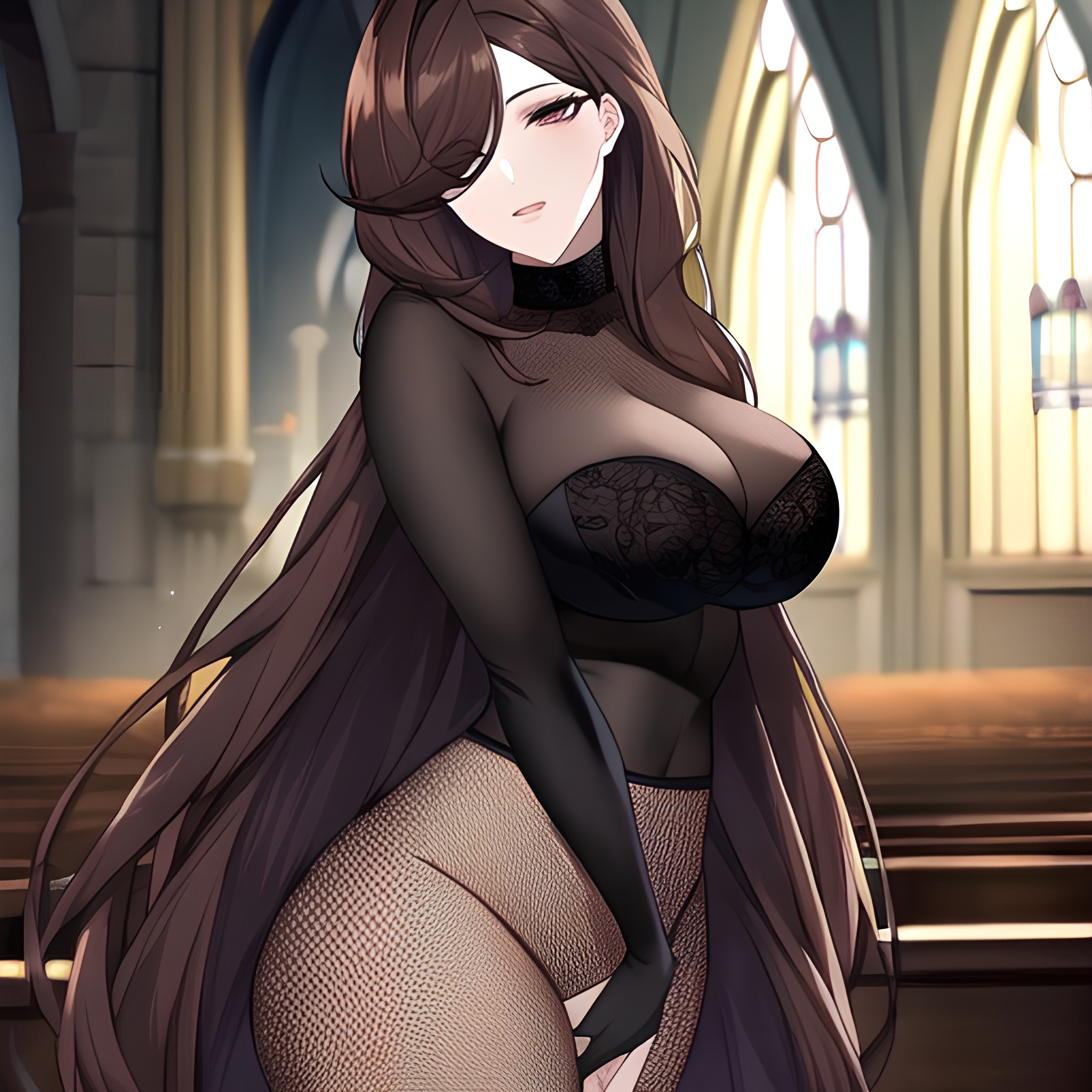church long hair brunette fishnet woman messy hair