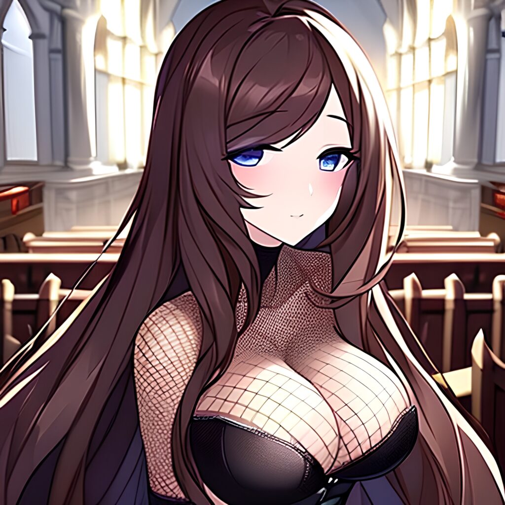 church long hair brunette fishnet woman messy hair 