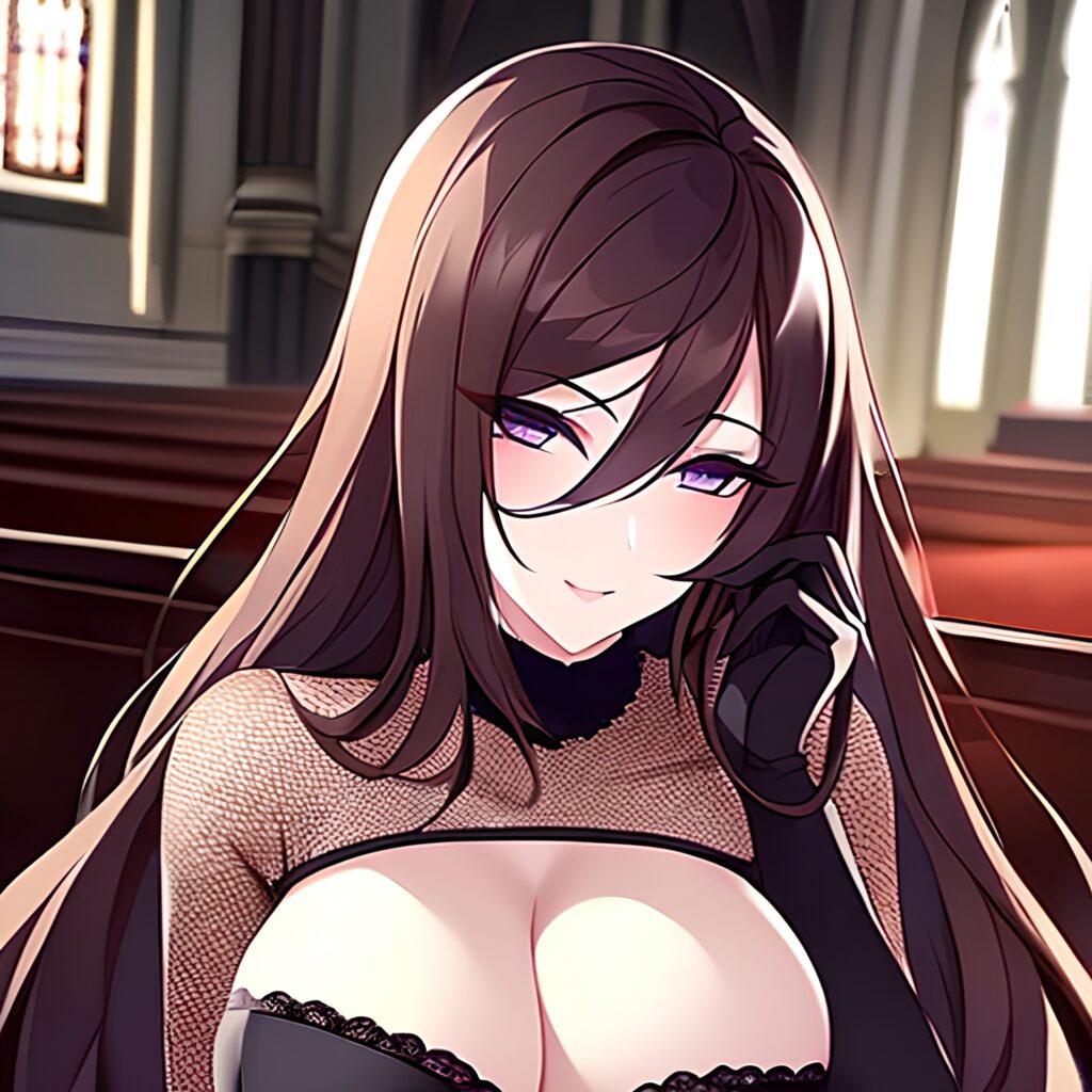 church long hair brunette fishnet woman messy hair