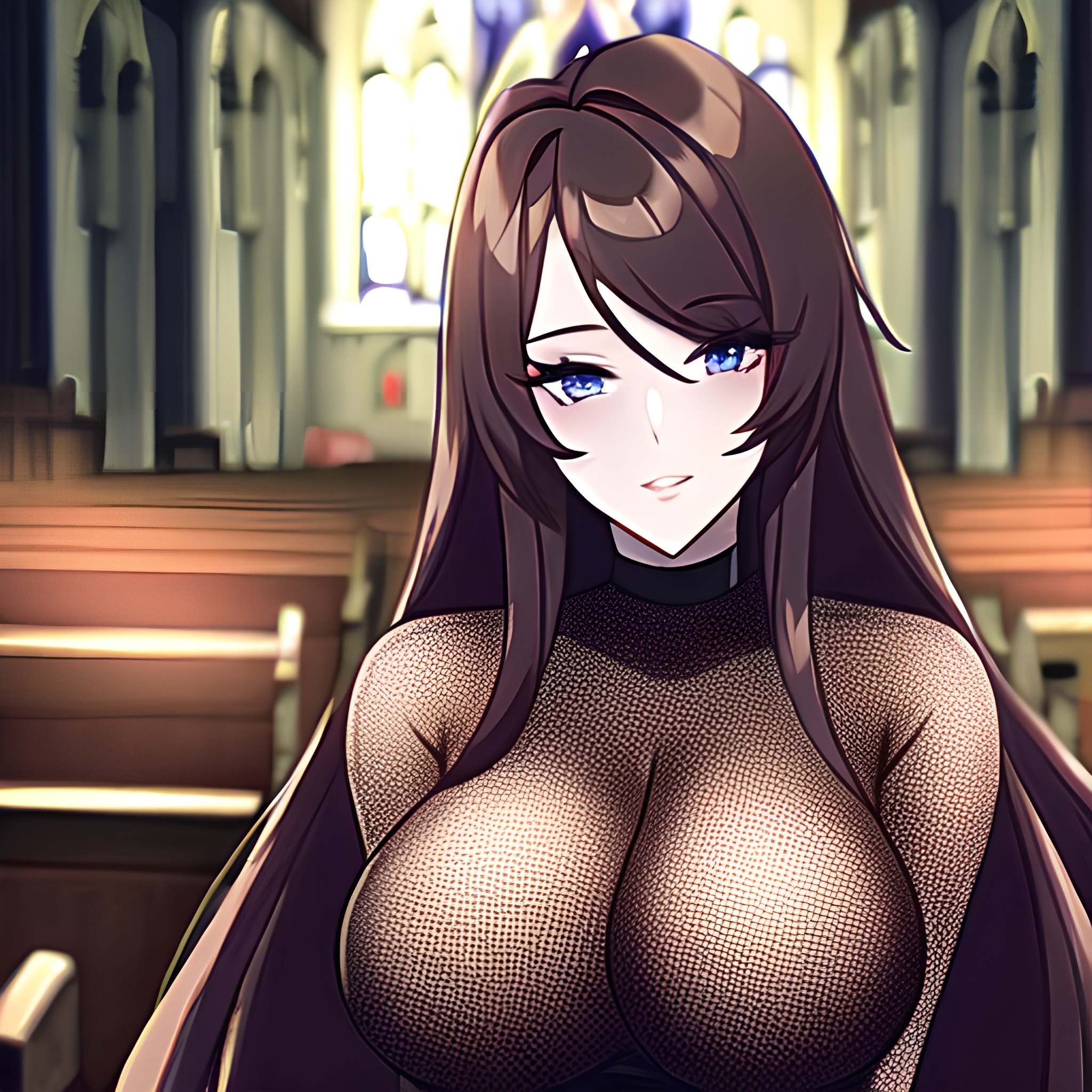 church long hair brunette fishnet woman messy hair