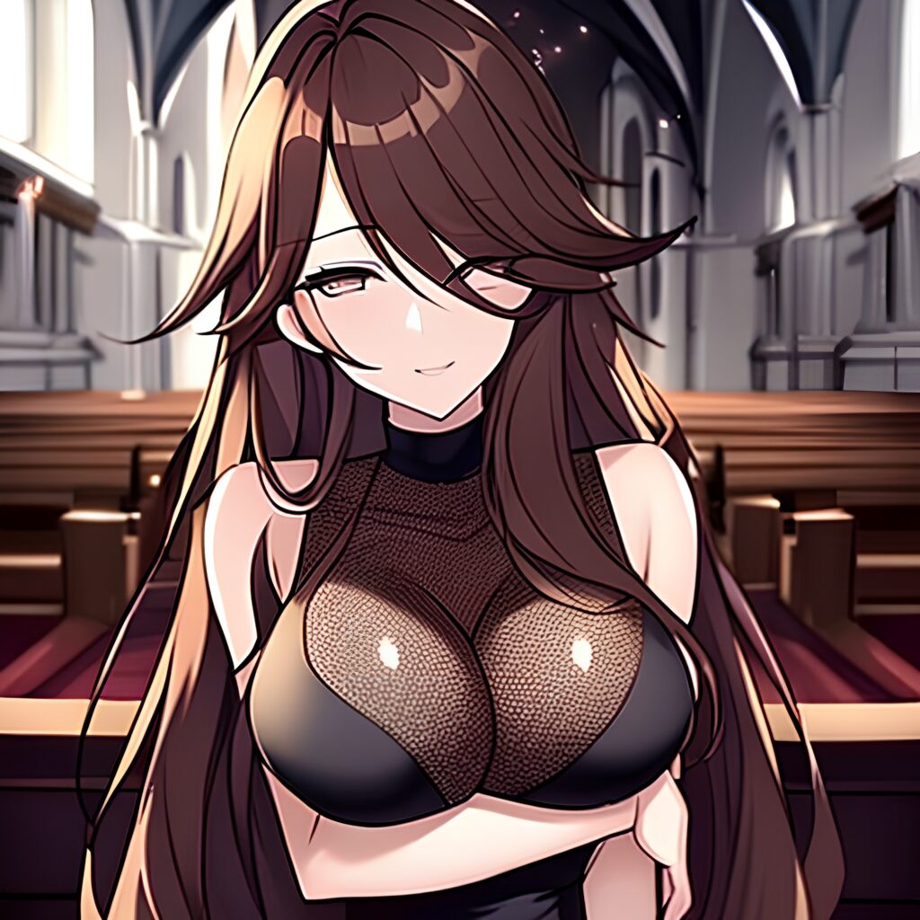 church long hair brunette fishnet woman messy hair 