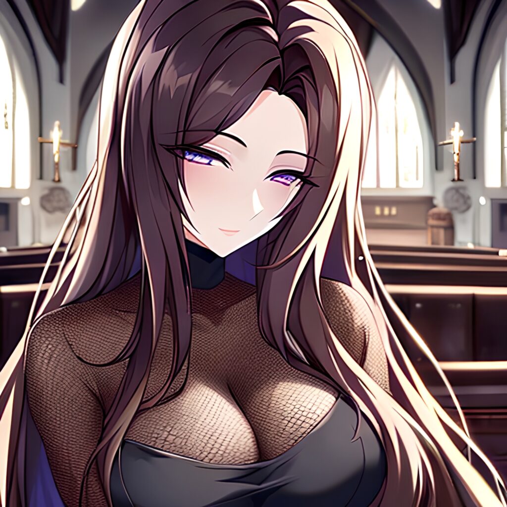 church long hair brunette fishnet woman messy hair 