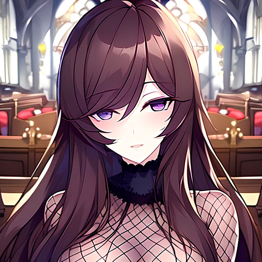 church long hair brunette messy hair fishnet woman