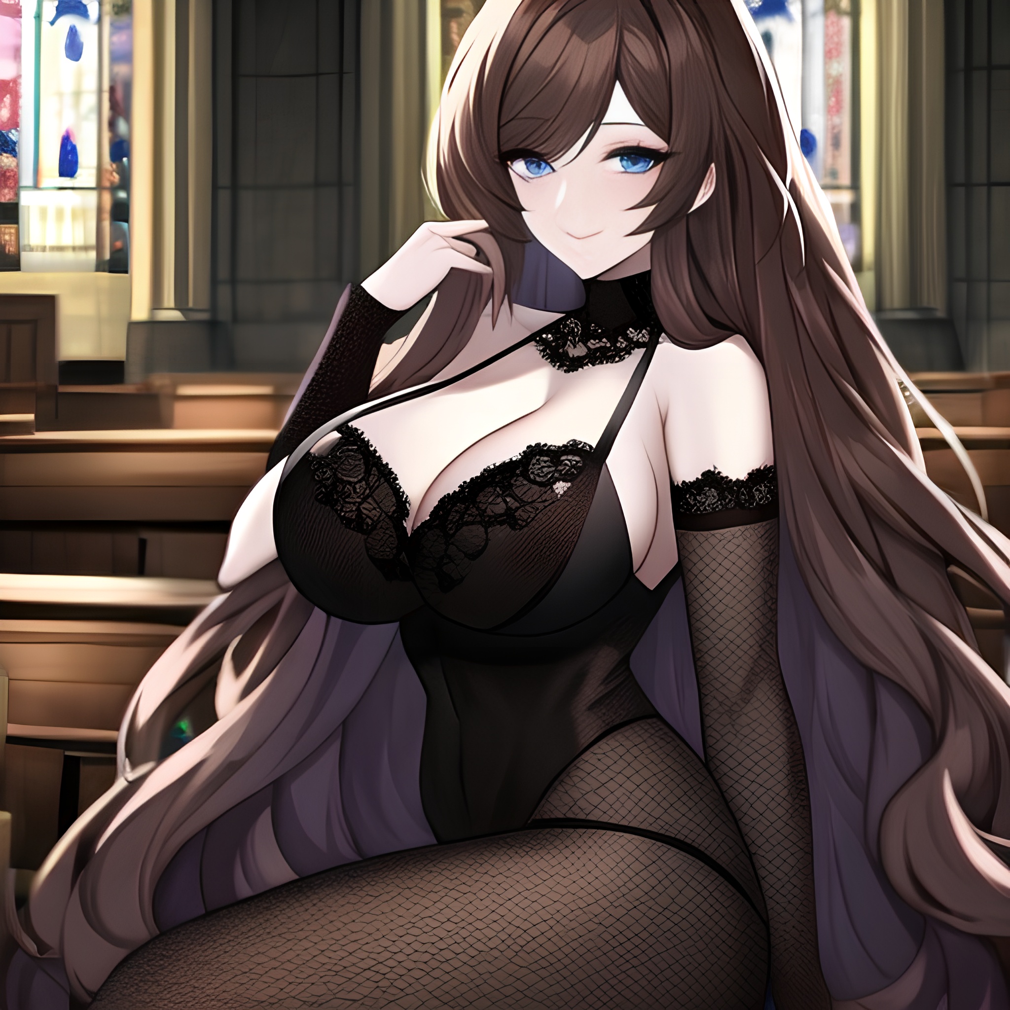 church long hair brunette messy hair fishnet woman 