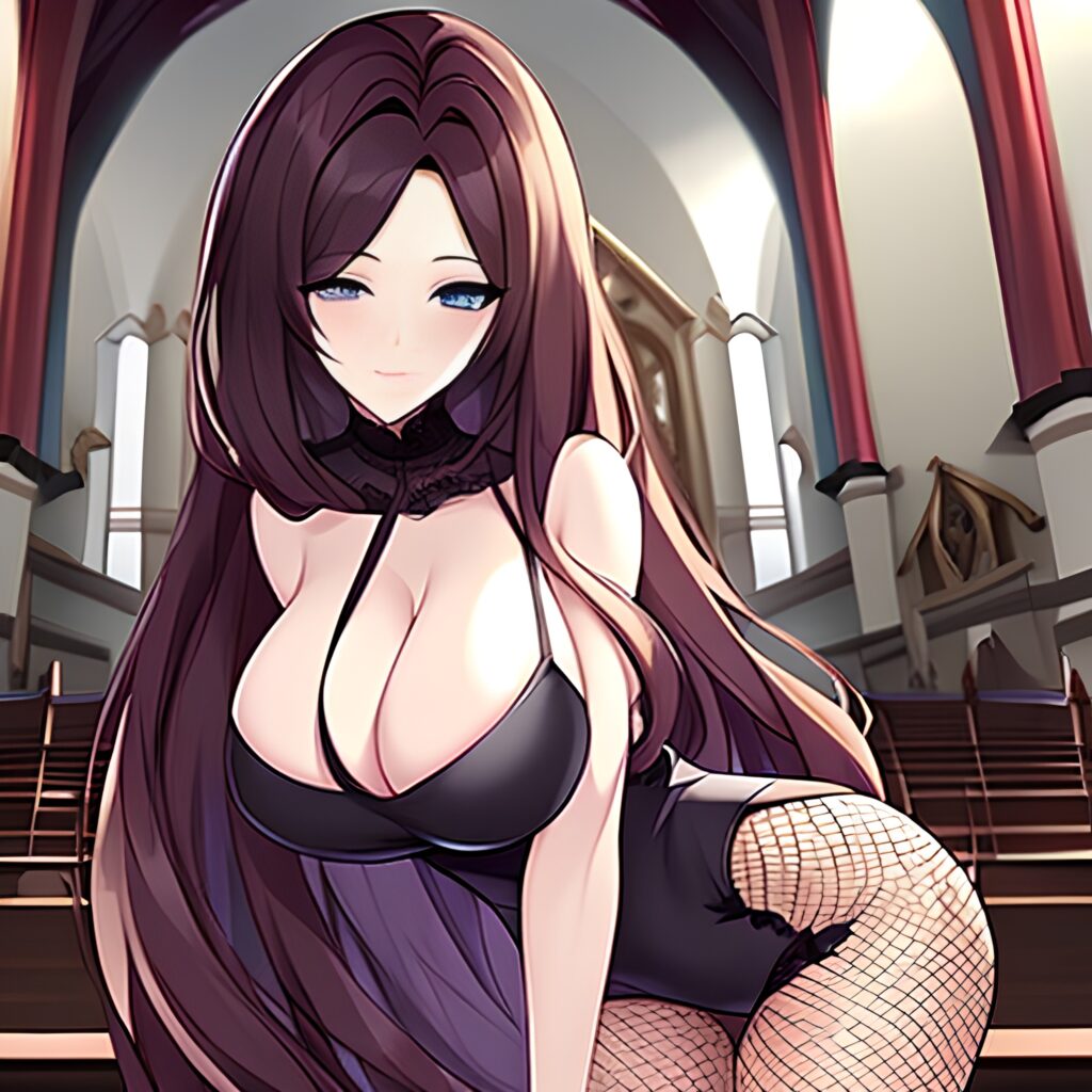 church long hair brunette messy hair woman fishnet 
