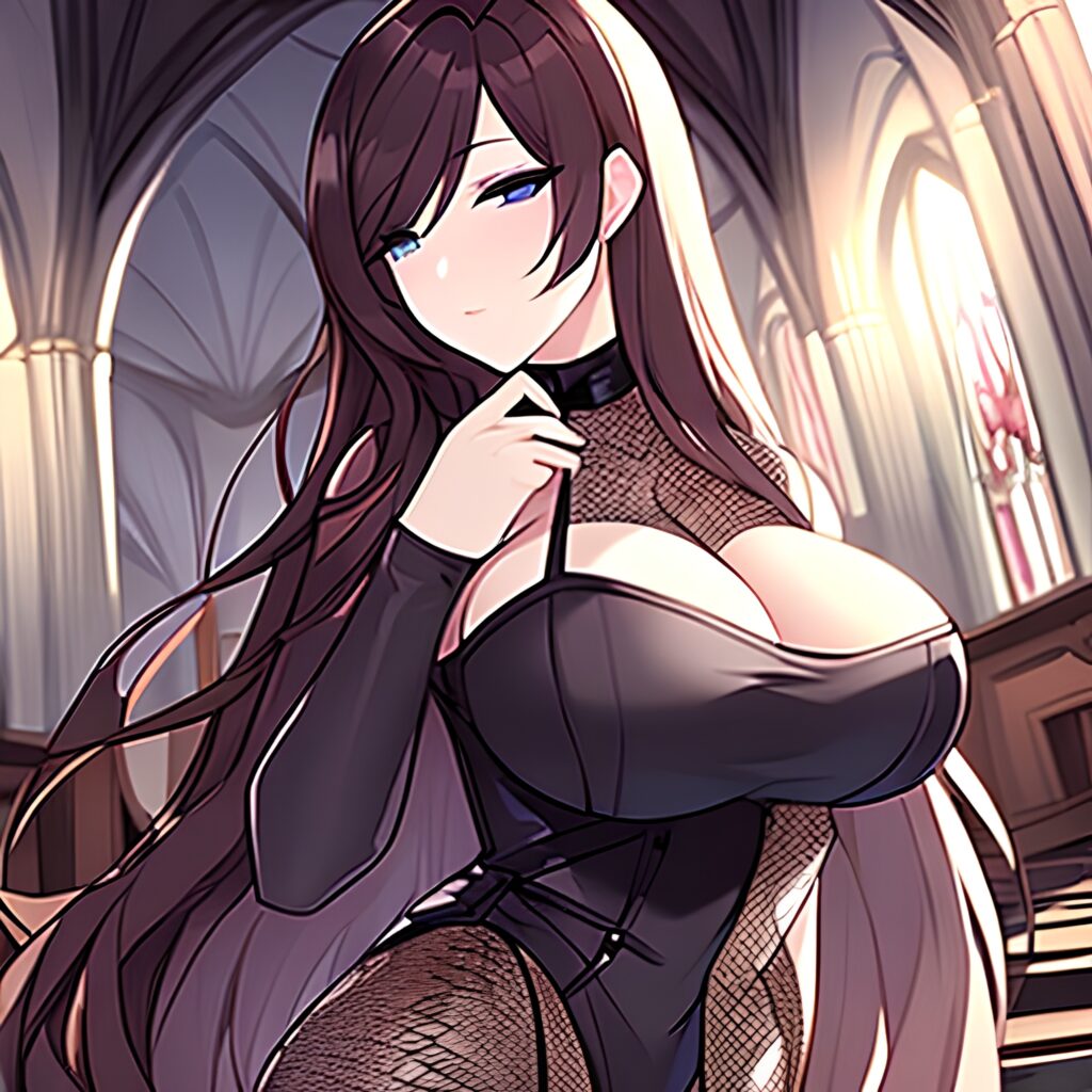 church long hair brunette messy hair woman fishnet 