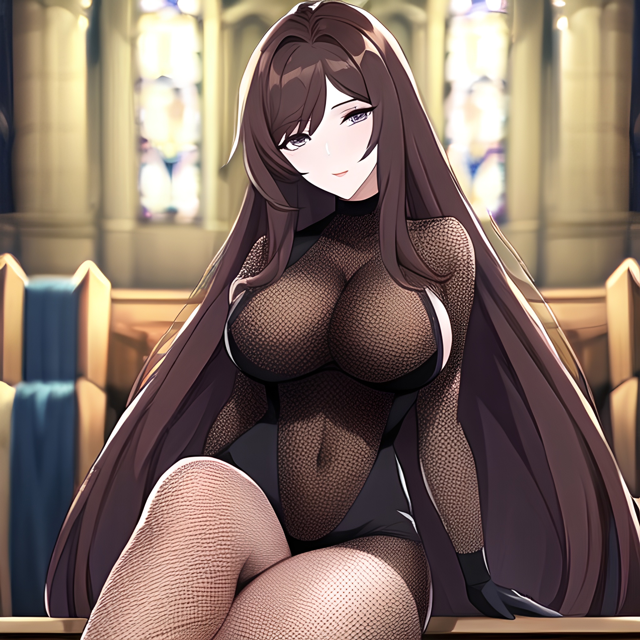 church long hair brunette messy hair woman fishnet 