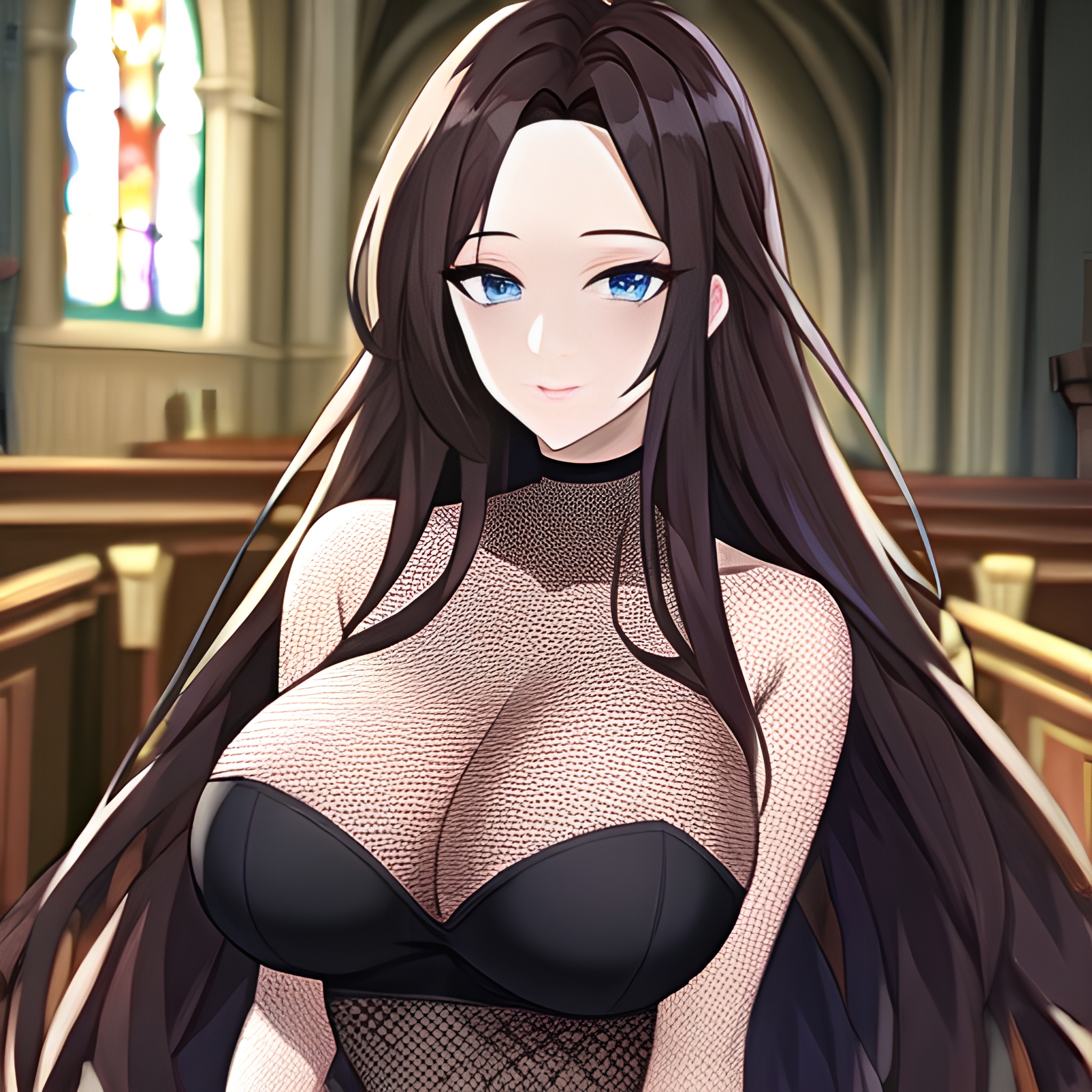 church long hair brunette woman fishnet messy hair