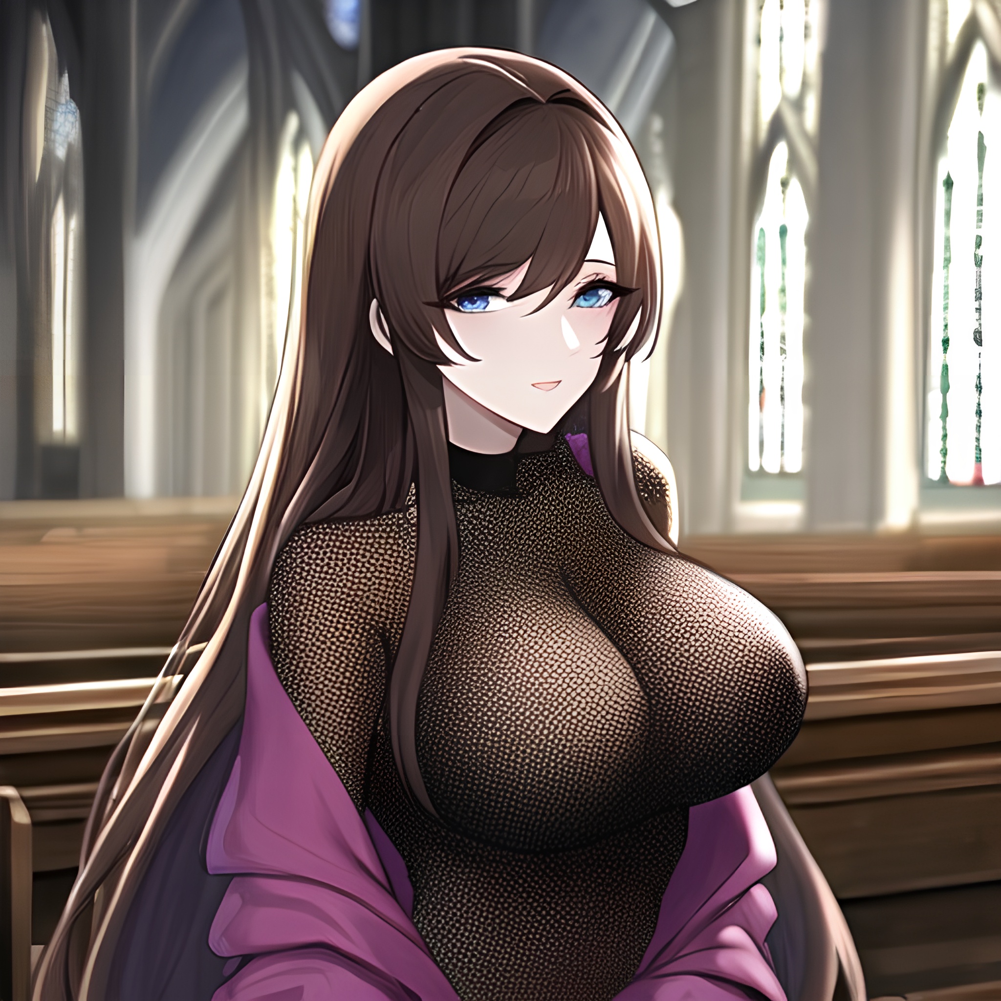 church long hair brunette woman fishnet messy hair 