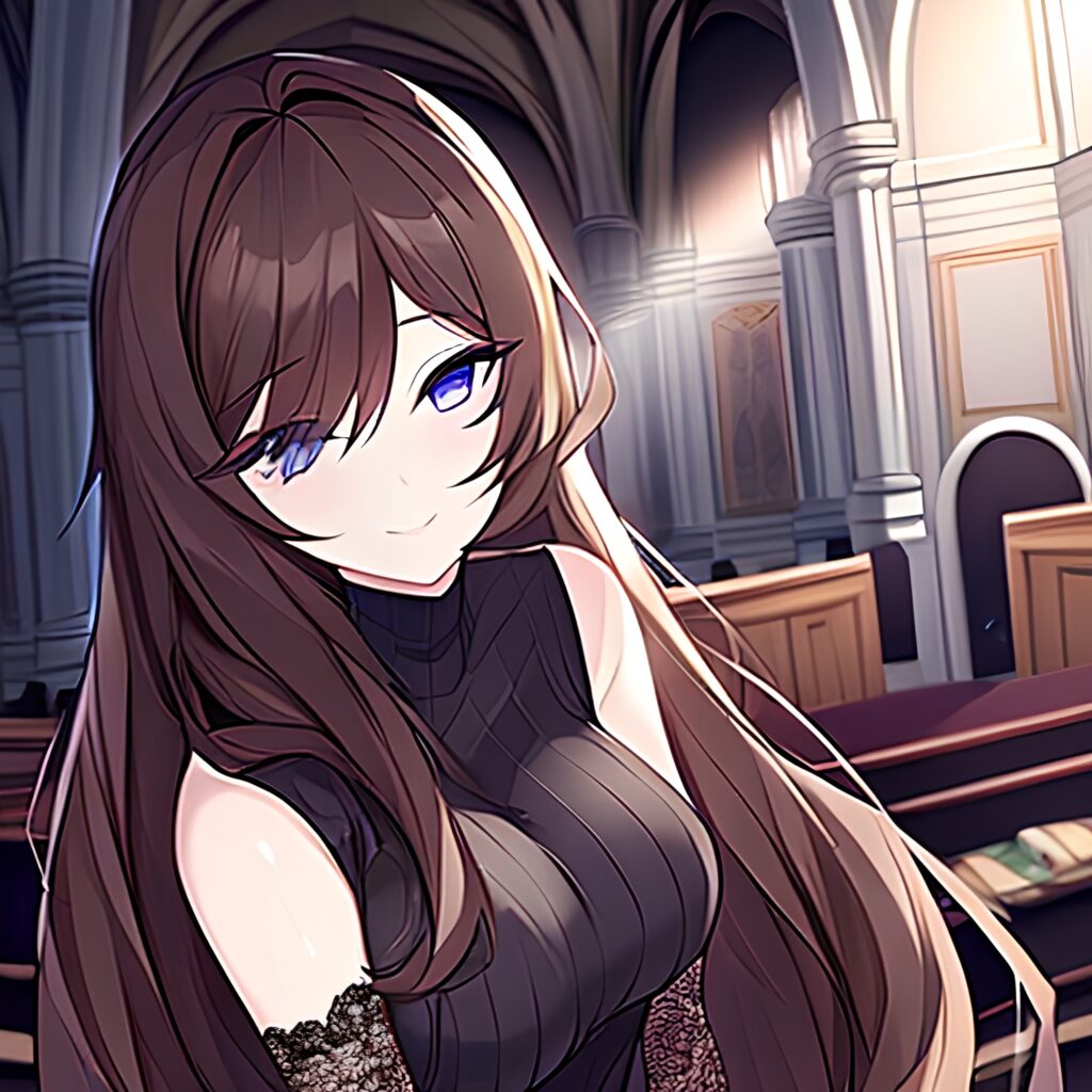 church long hair brunette woman messy hair fishnet 