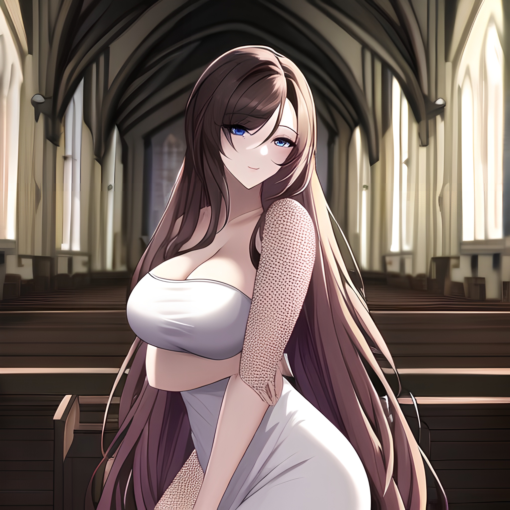 church long hair fishnet brunette messy hair woman