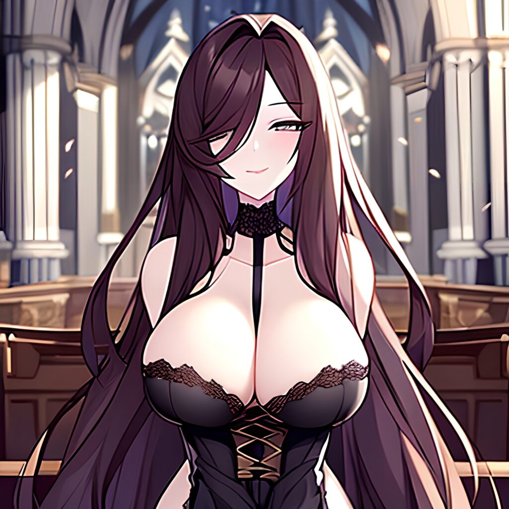 church long hair fishnet brunette messy hair woman
