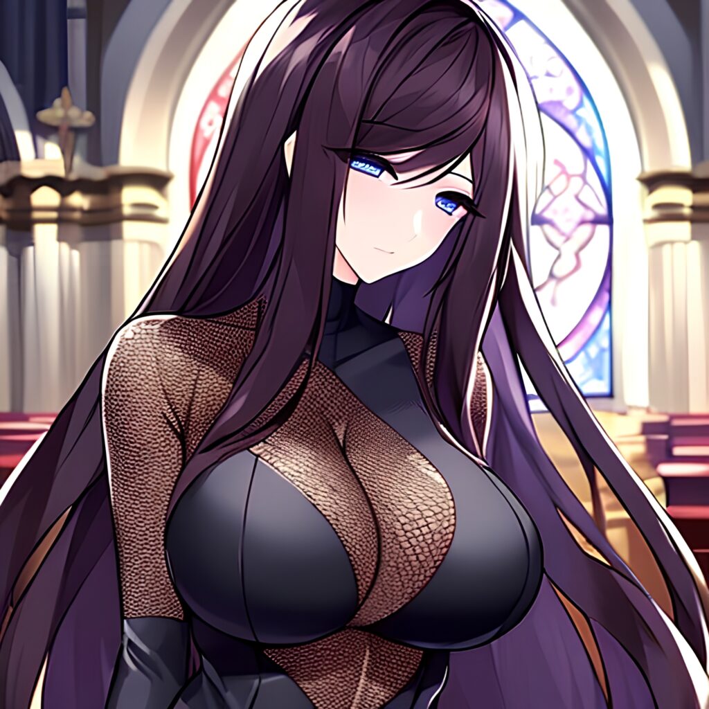 church long hair fishnet brunette messy hair woman