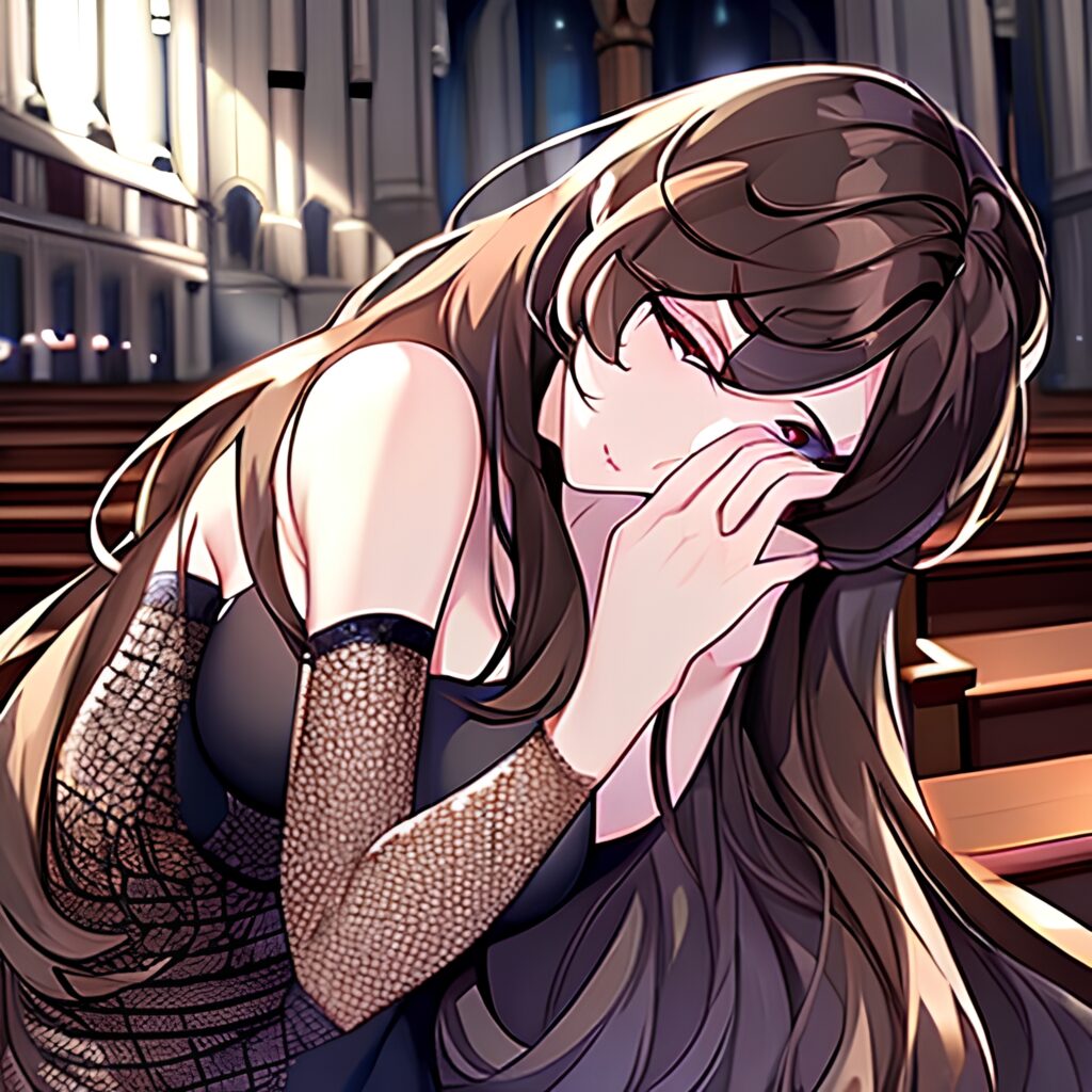 church long hair fishnet brunette messy hair woman 