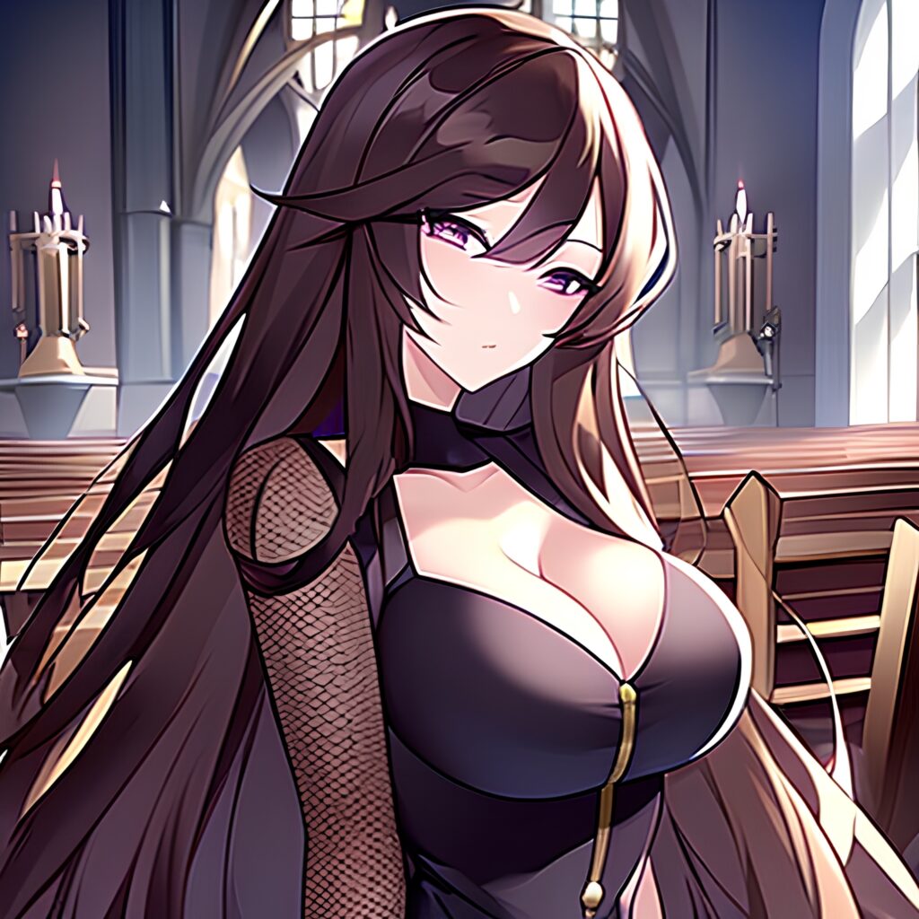 church long hair fishnet brunette messy hair woman 